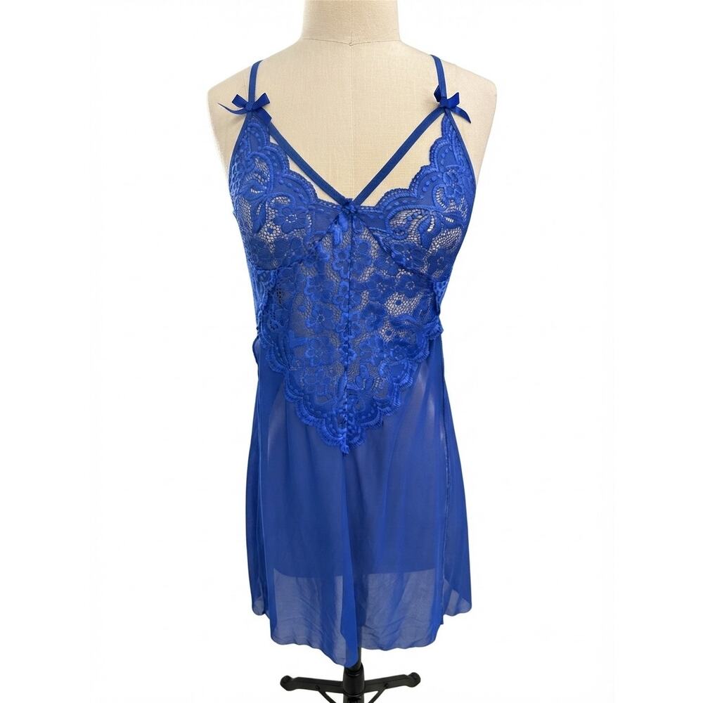 Royal Blue Lace Babydoll Nightgown Slits NWOT Large - Picture 2 of 5
